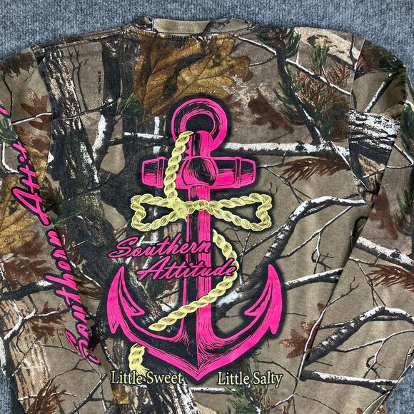 Russell Outdoors T-Shirt Womens M Camo Long Sleeve Pink Southern Logo Hunting - Picture 1 of 7